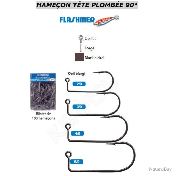 HAMECONS DROITS TÊTE PLOMBÉE 90° FLASHMER 3/0 3 HAMECONS DROITS TÊTE PLOMBÉE 90° FLASHMER 3/0