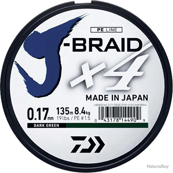 Tresse Daiwa J Braid 4 Brins Verte 450M 25/100-14,4KG 3 Tresse Daiwa J Braid 4 Brins Verte 450M 25/100-14,4KG